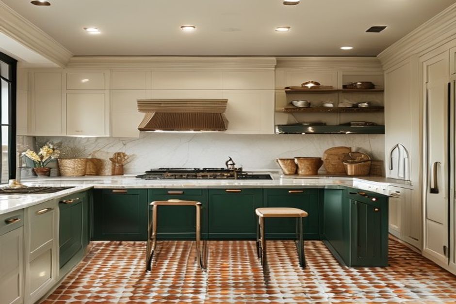 Green island with terracotta floor