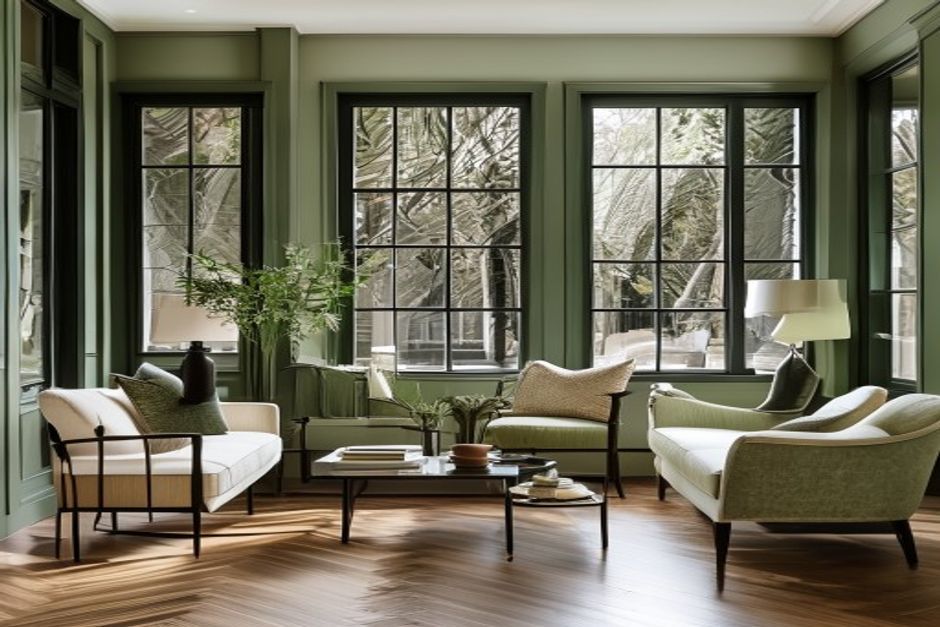 Olive green accent wall herringbone