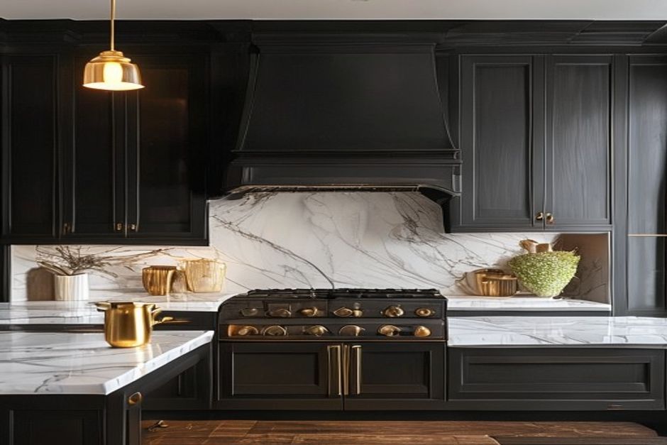Black cabinets with marble