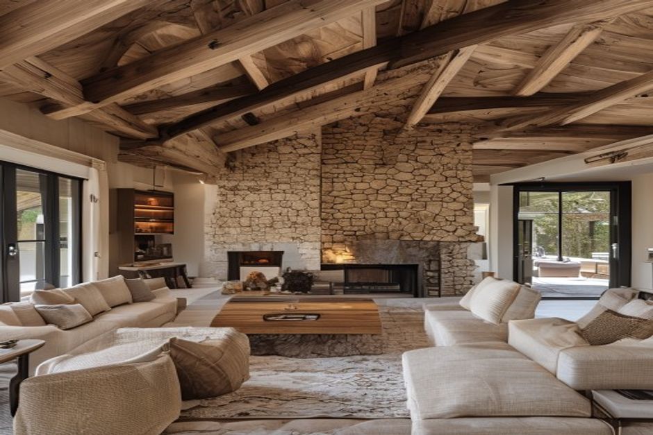 Stone fireplace beamed ceiling